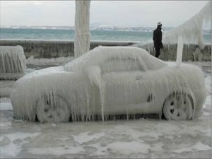 car covered with icicles