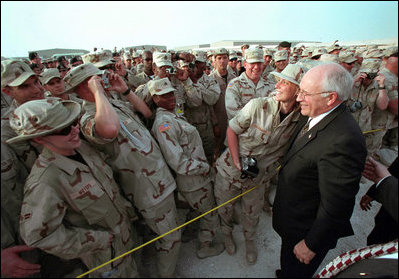 Vice President Cheney with troops in Qatar, March 17, 2002